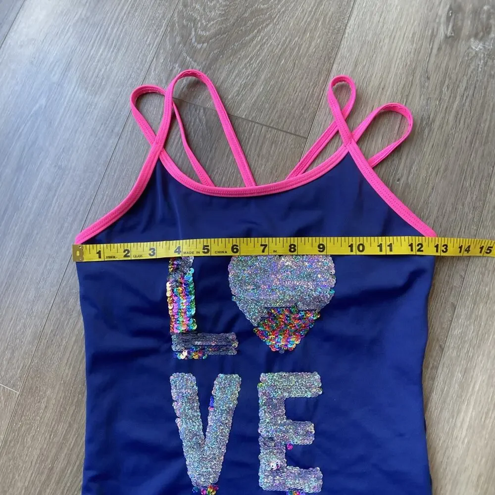 Justice One Piece Swimsuit Sz 14 Blue Pink Lining LOVE Sequin Flip Modest